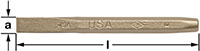 A bronze metal hand chisel with a flat tip and a hexagonal bar shaft. The shaft is marked with "USA" and the “FM” symbol. The bar diameter is indicated by the letter "S" with two arrows pointing toward the letter. The chisel is lying horizontal with the c